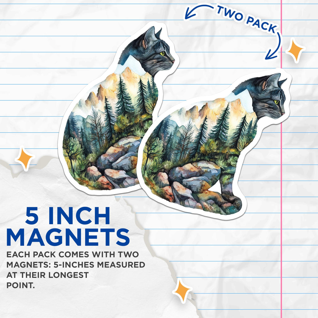 (2 Pack) Cat Landscape Magnets - Mountain Cat Art - Unique Fridge Decoration - 5" On Longest Side - Premium Magnet - for Cars, Refrigerators, Toolboxes, Lockers - Made in USA - MAG14927