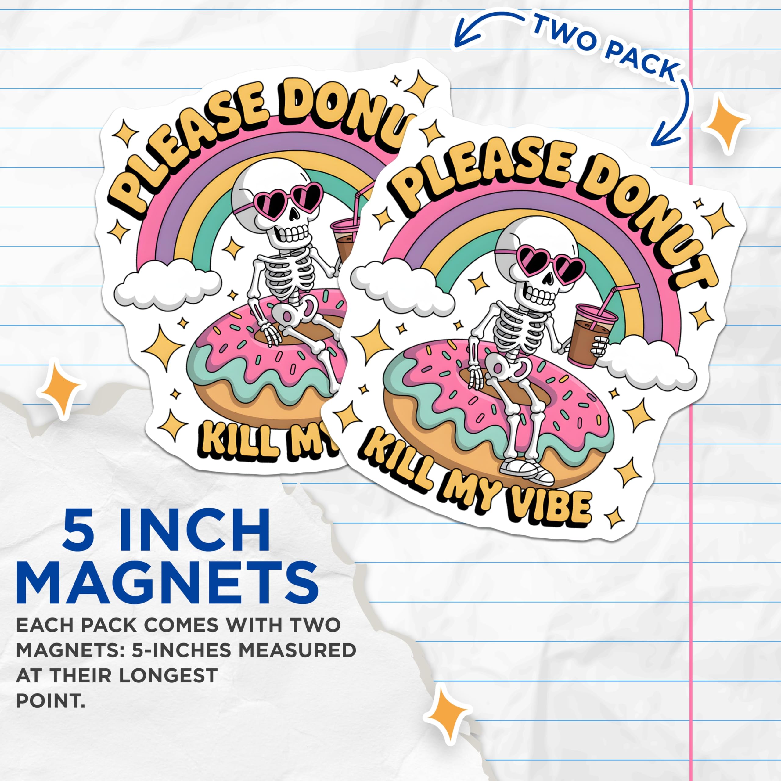 (2 Pack) Skeleton Donut Magnets - Humorous Vibe Checker Magnet - Pastel Rainbow Skeleton Art - Quirky Aesthetic Fridge Decor - 5 Inches On Longest Side - Thick Durable Magnet - Made in USA - MAG22680