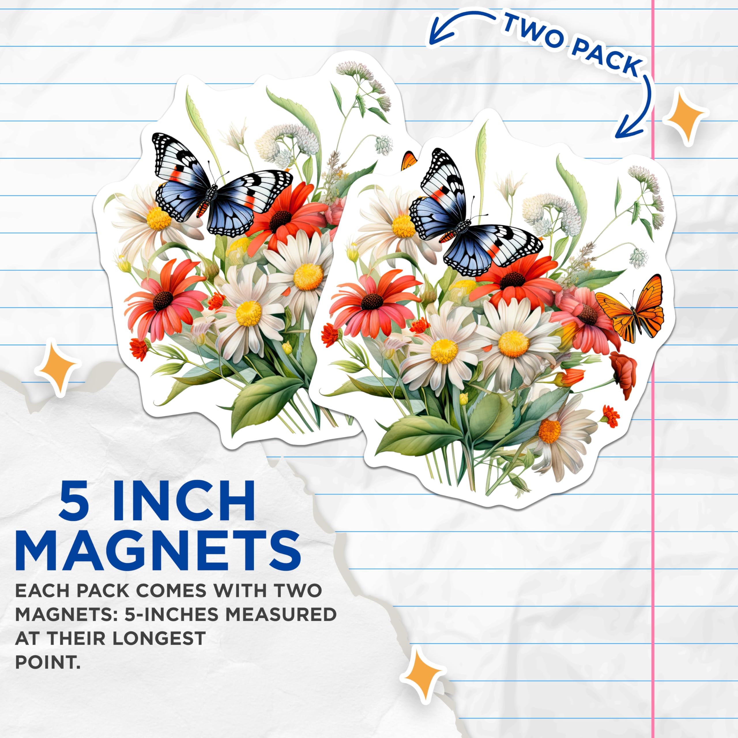 (2 Pack) Butterfly Flower Magnets - Floral Garden Decor - Refrigerator Magnets - 5" On Longest Side - Premium Magnet - for Cars, Refrigerators, Toolboxes, Lockers - Made in USA - MAG14686