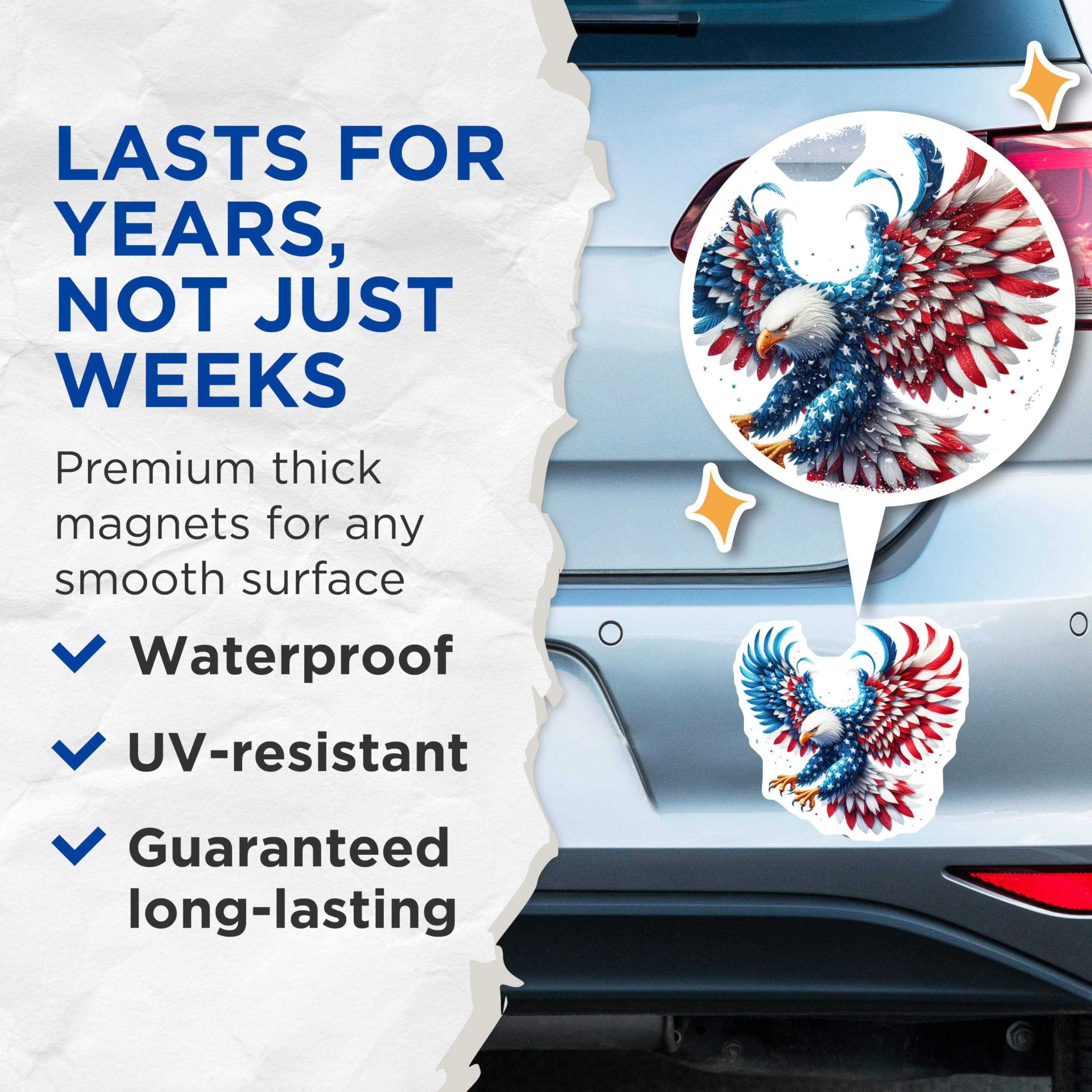 (2 Pack) American Patriotic Eagle Magnets - USA Flag Design Decor - Independence Day Celebration - 5 Inches On Longest Side - Thick Durable Magnet - Made in USA - MAG20382
