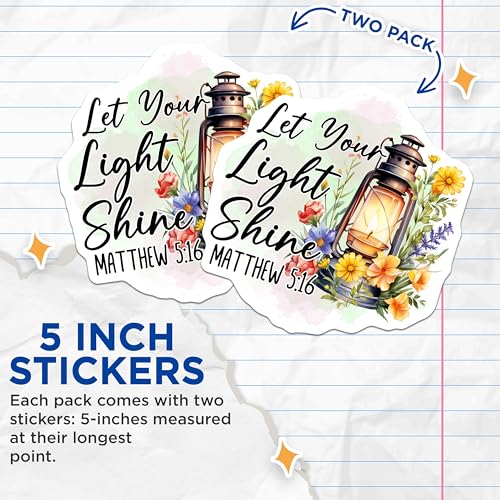 (2 Pack) Let Your Light Shine Stickers - Matthew 5:16 - Inspirational Lantern Stickers - 5" On Longest Side - Sticks to Smooth Flat Surfaces - Made in USA - BMCS4308