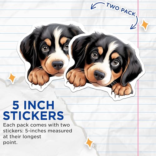 (2 Pack) Cute Puppy Dog Stickers - Adorable Dog Design - Animal Lover Stickers - 5" On Longest Side - Sticks to Smooth Flat Surfaces - Made in USA - BMCS9979