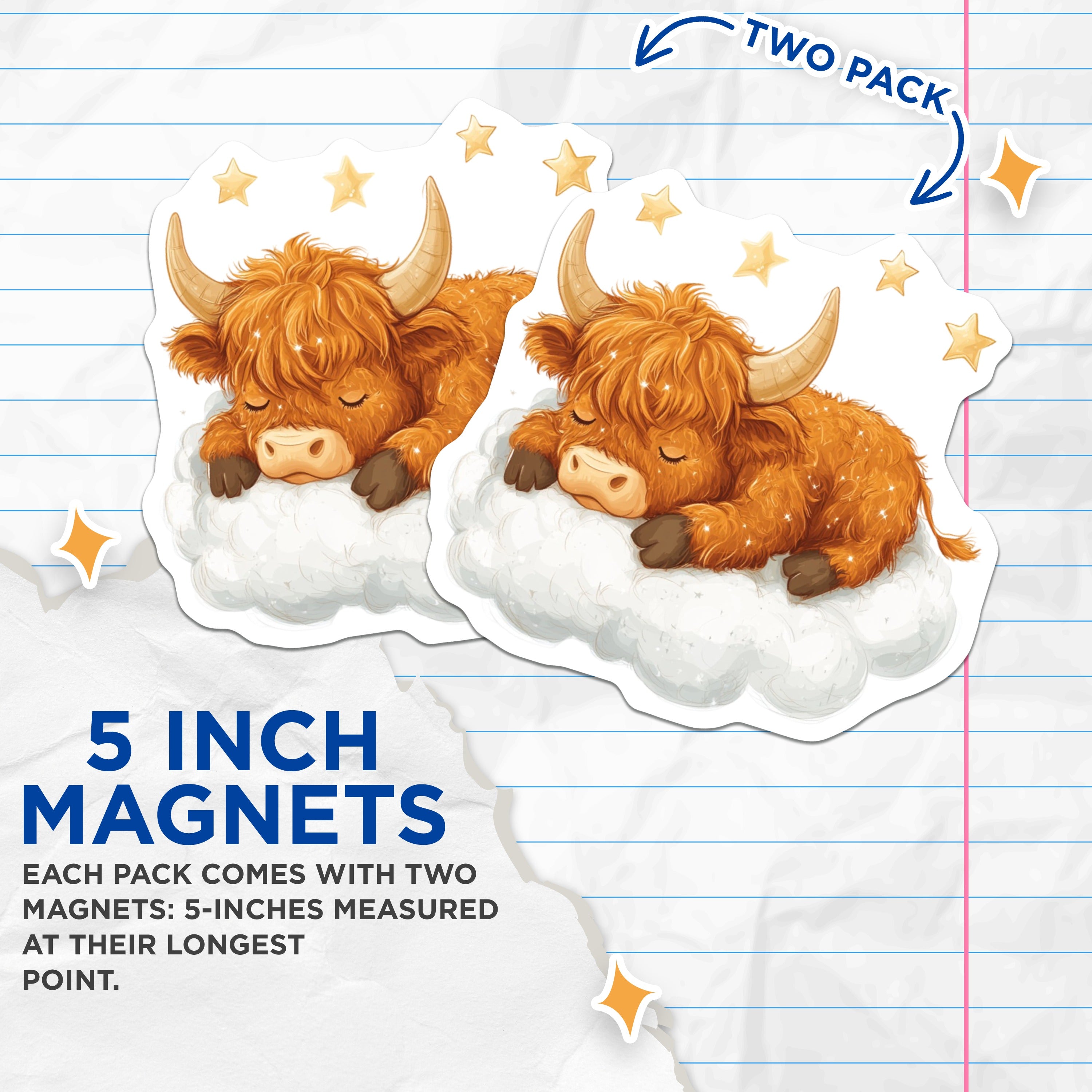 (2 Pack) Highland Cow Magnets - Cute Baby Bull Decor - Whimsical Farm Animal Fridge Accessory - 5 Inches On Longest Side - Thick Durable Magnet - Made in USA - MAG37579