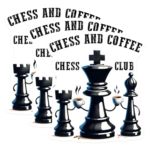 (3 Pack) Chess and Coffee Decals - Chess Club Sticker - Laptop Decal - 3 Inches On Longest Side - Easy Peel & Apply - Made in USA - 3MCS1971