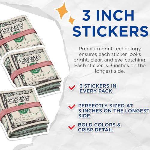 (3 Pack) Money Stack Decals - Hundred Dollar Bill Art - Cash Decal for Laptop- 3 Inches On Longest Side - Easy Peel & Apply - Made in USA - 3MCS5993