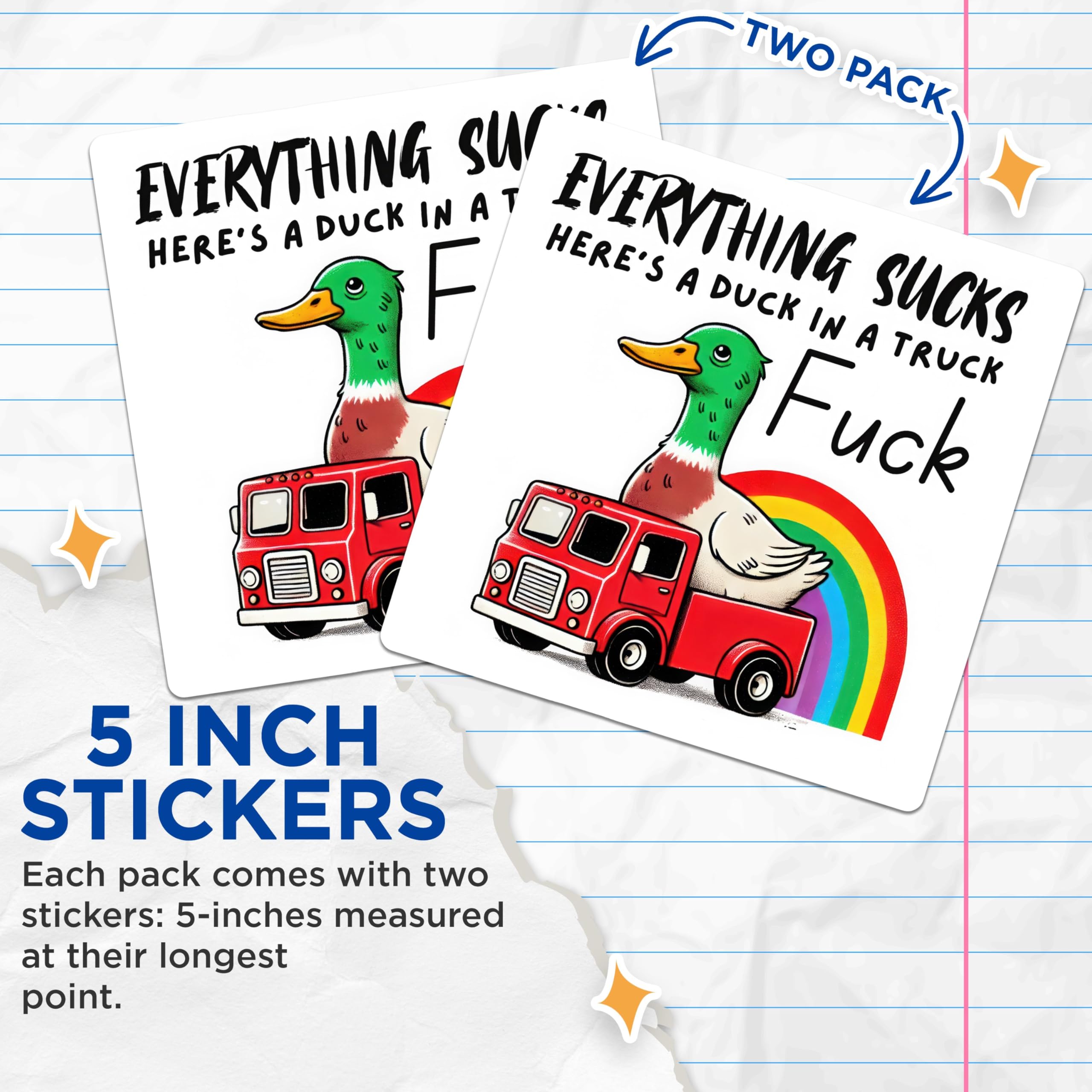 (2 Pack) Everything Sucks Stickers - Funny Duck in a Truck - Rainbow Illustration Sticker - 5" On Longest Side - Sticks to Smooth Flat Surfaces - Made in USA - BMCS5623