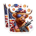 (2 Pack) Patriotic Highland Cow Stickers - American Flag Decal - Fourth of July Celebration Stickers - 5" On Longest Side - Sticks to Smooth Flat Surfaces - Made in USA - BMCS6362