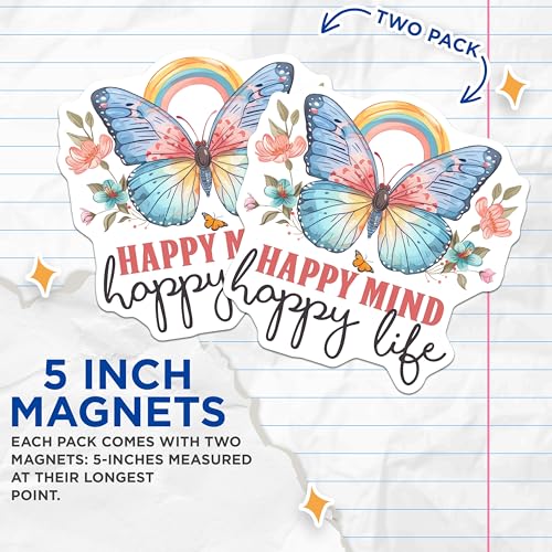 (2 Pack) Happy Mind Happy Life Magnets - Inspirational Butterfly Magnet - Positive Quote Magnet - 5" On Longest Side - for Cars, Fridges, Toolboxes - Made in USA - MAG4329