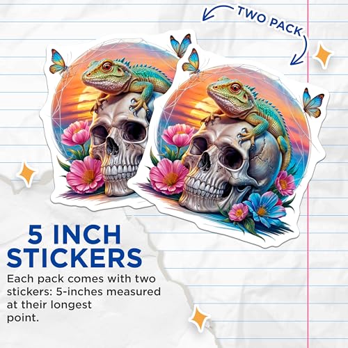 (2 Pack) Skull with Lizard Stickers - Floral Skull Stickers - Colorful Butterfly Stickers - 5" On Longest Side - Sticks to Smooth Flat Surfaces - Made in USA - BMCS4621