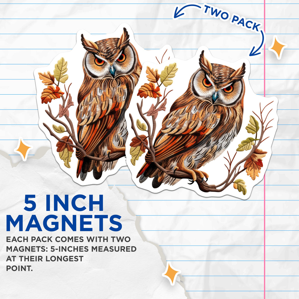 (2 Pack) Owl Magnets - Wise Woodland Animal Decor - Autumn Fall Refrigerator Art - 5 Inches On Longest Side - Thick Durable Magnet - Made in USA - MAG37516