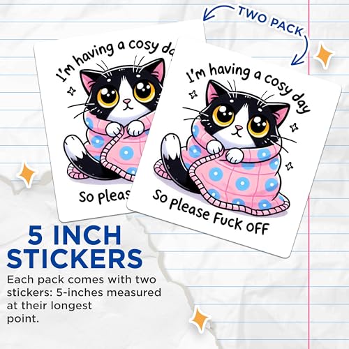 (2 Pack) Funny Cat Stickers - Cute Cat Meme - Cosy Day Humor Stickers - 5" On Longest Side - Sticks to Smooth Flat Surfaces - Made in USA - BMCS5734