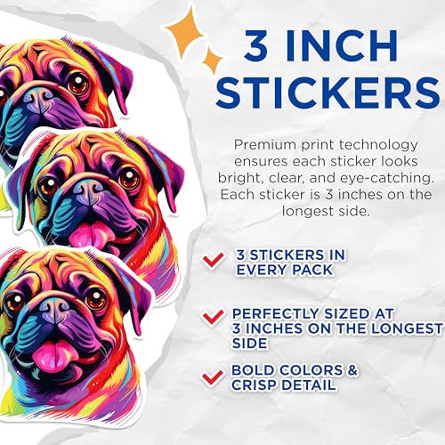 (3 Pack) Colorful Pug Decals - Dog Breed Stickers - Laptop Decals - 3 Inches On Longest Side - Easy Peel & Apply - Made in USA - 3MCS0800