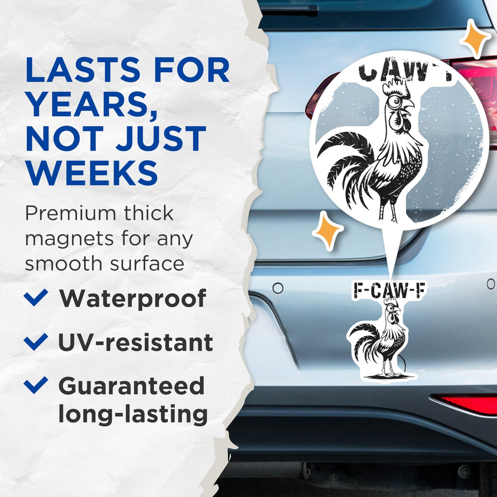 (2 Pack) F-CAW-F Rooster Magnets - Funny Chicken Talk - Quirky Bird Refrigerator Decor - 5" On Longest Side - Premium Magnet - for Cars, Refrigerators, Toolboxes, Lockers - Made in USA - MAG16385