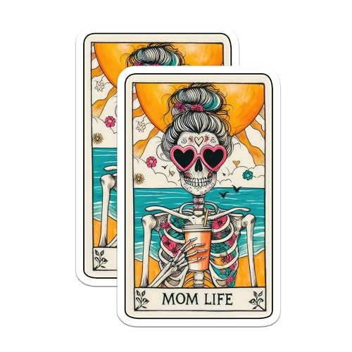 (2 Pack) Mom Life Stickers - Skeleton Mom Stickers - Summer Beach Vibes Stickers - 5" On Longest Side - Sticks to Smooth Flat Surfaces - Made in USA - BMCS5174