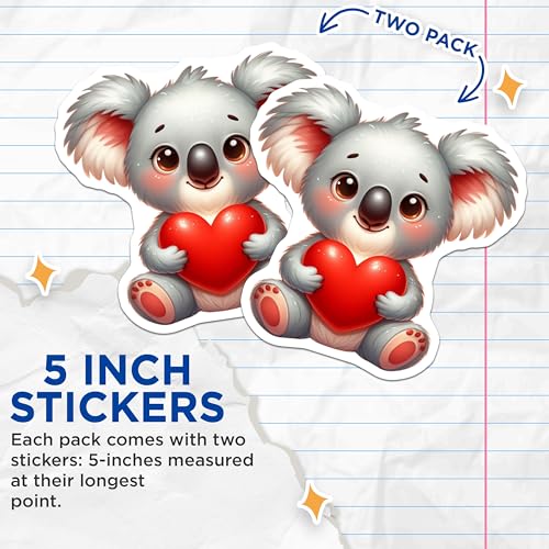 (2 Pack) Cute Koala Stickers - Animal Lover Decals - Heart Holding Koala Stickers - 5" On Longest Side - Sticks to Smooth Flat Surfaces - Made in USA - BMCS3650