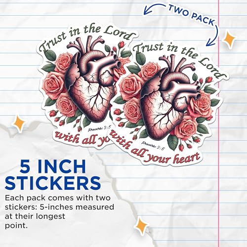 (2 Pack) Trust in The Lord Stickers - Heart and Roses Stickers - Inspirational Bible Verse Stickers - 5" On Longest Side - Sticks to Any Smooth Flat Surface - Made in USA - BMCS2828