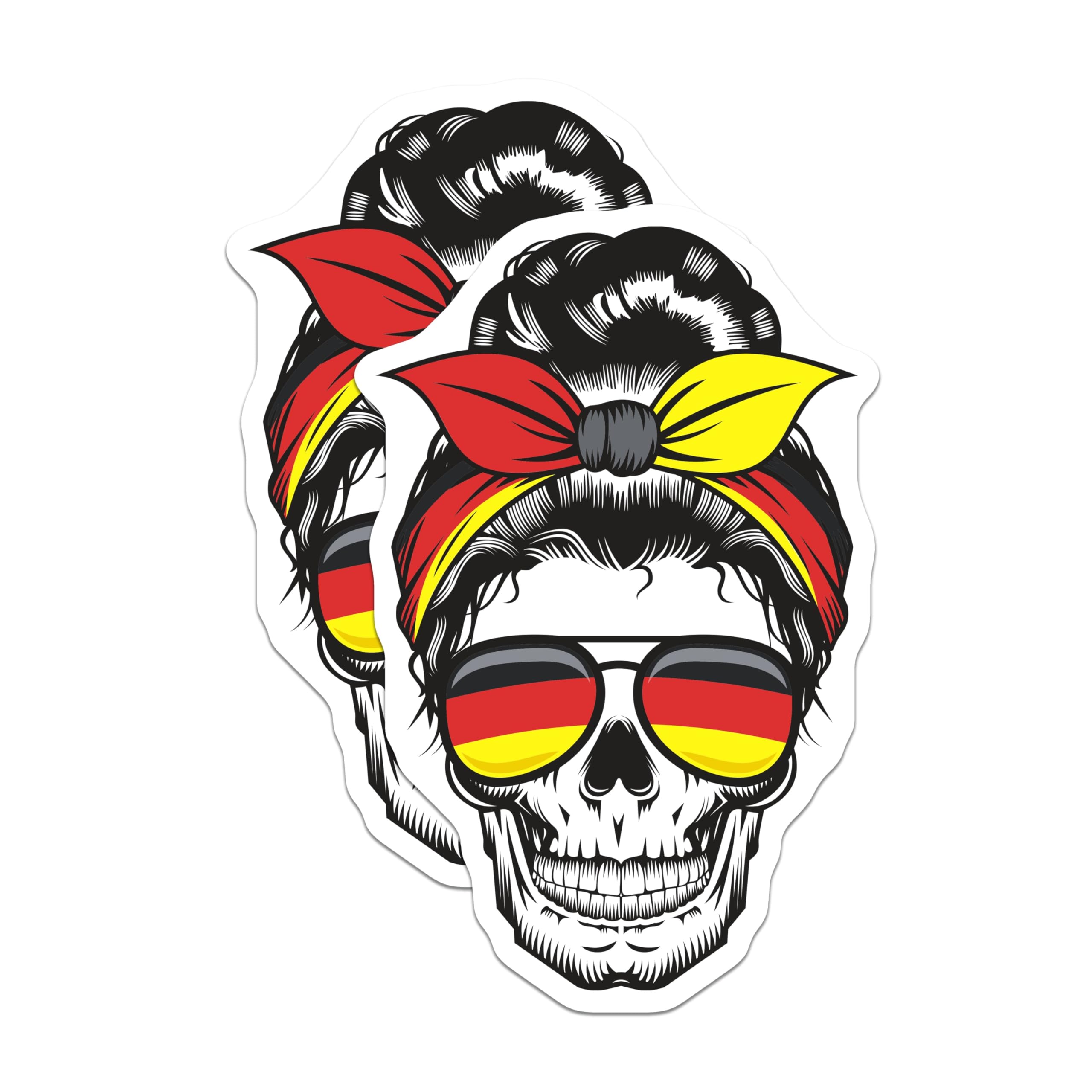 (2 Pack) German Skull Magnets - Germany Flag Art - Messy Bun Skull Design - 5" On Longest Side - Premium Magnet - for Cars, Refrigerators, Toolboxes, Lockers - Made in USA - MAG18125