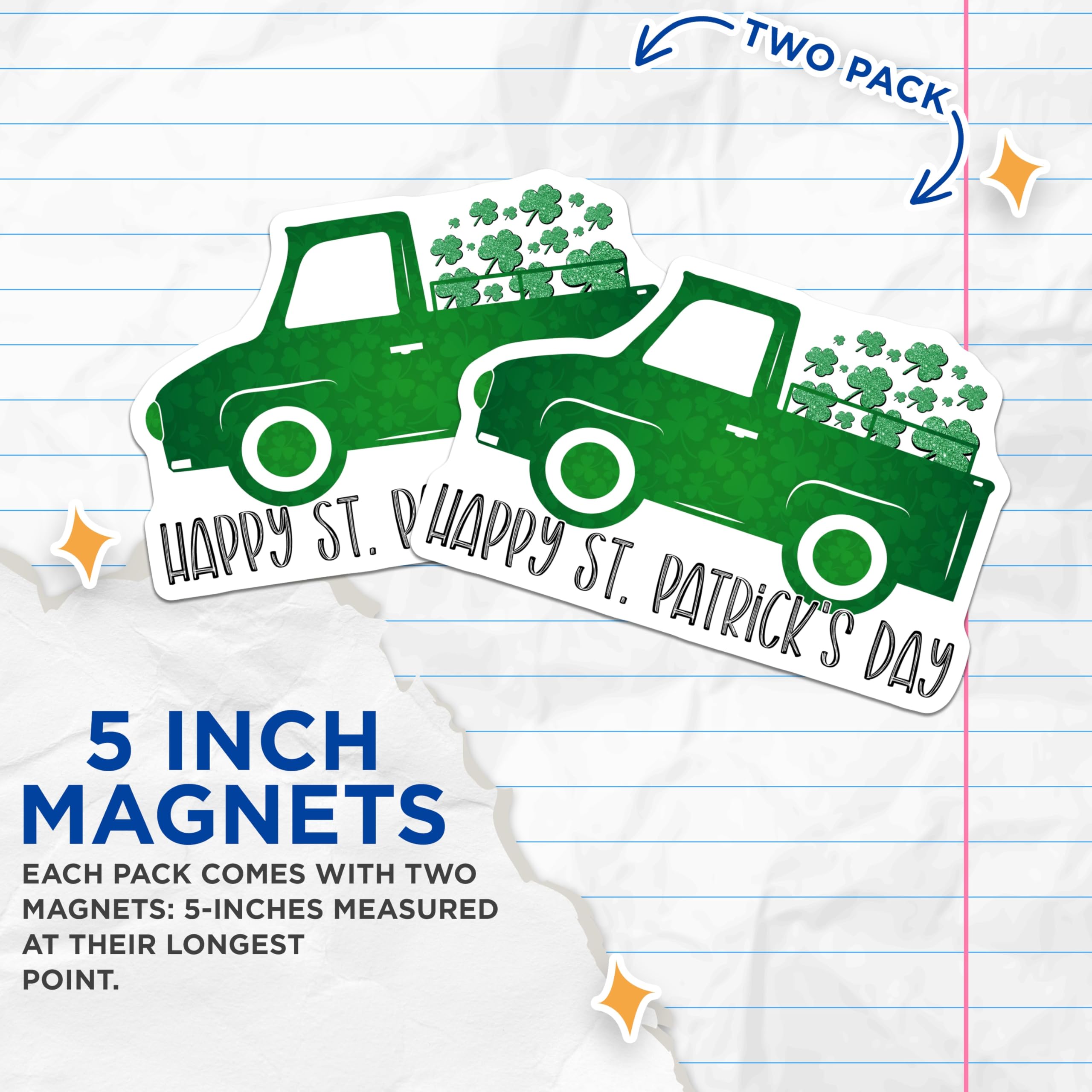 (2 Pack) St. Patricks Day Magnets - Shamrock Truck Decor - Lucky Clover Refrigerator Magnet - 5 Inches On Longest Side - Thick Durable Magnet - Made in USA - MAG21687
