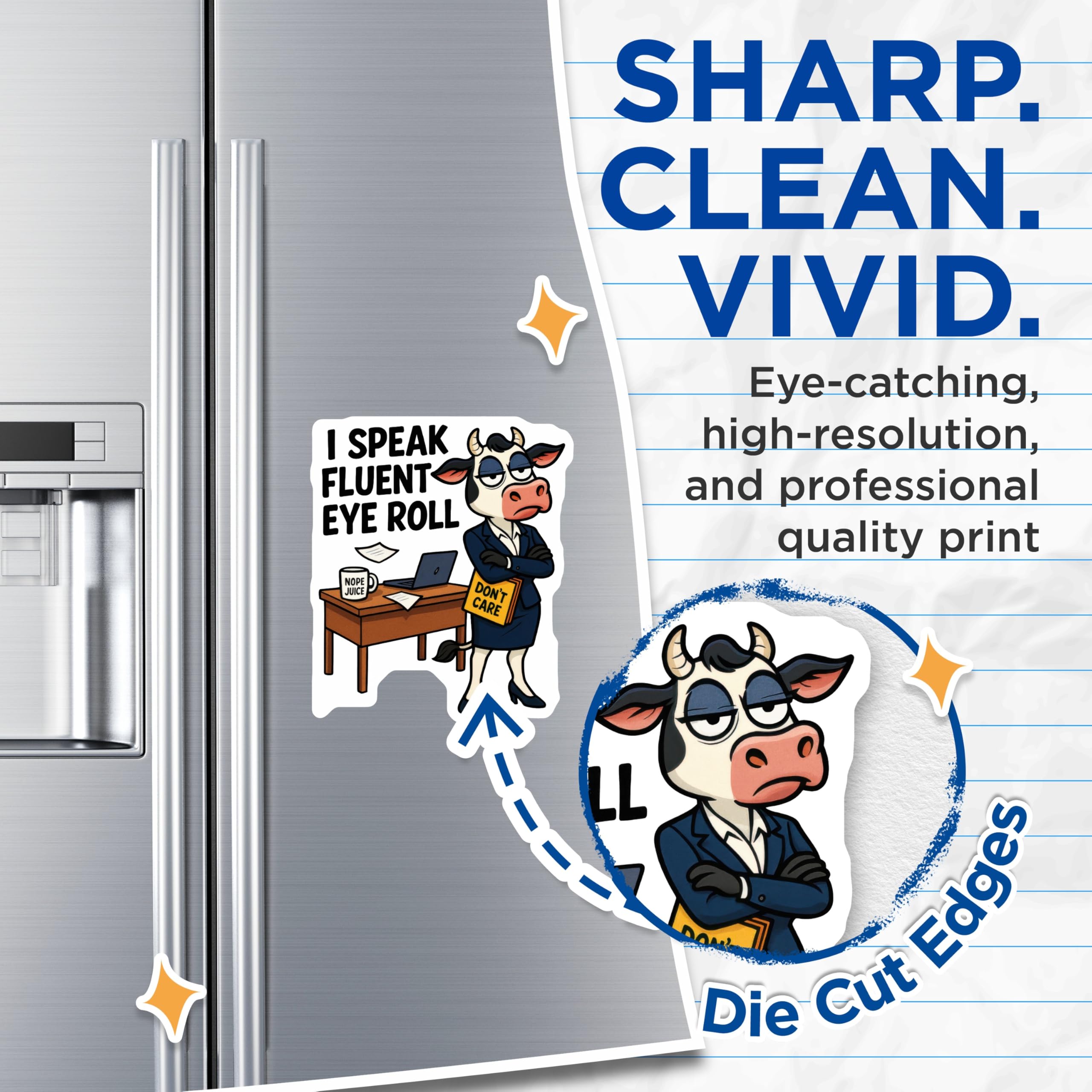 (2 Pack) Eye Roll Cow Magnets - Sarcastic Office Humor - Funny Refrigerator Decor - 5 Inches On Longest Side - Thick Durable Magnet - Made in USA - MAG20609