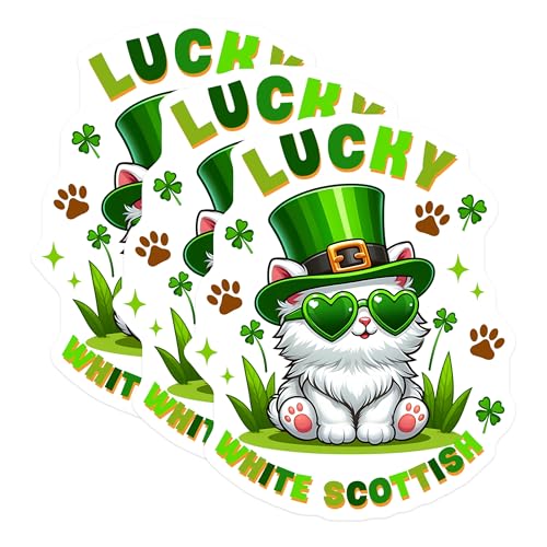 (3 Pack) St Patricks Day Decals - Lucky Cat - Scottish White Cat - 3 Inches On Longest Side - Easy Peel & Apply - Made in USA - 3MCS6866