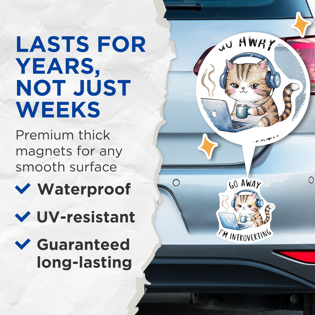 (2 Pack) Go Away I'm Introverting Magnets - Funny Cat Magnets - Introvert Decor Magnets - 5" On Longest Side - for Cars, Refrigerators, Toolboxes, Lockers - Made in USA BMCS3457