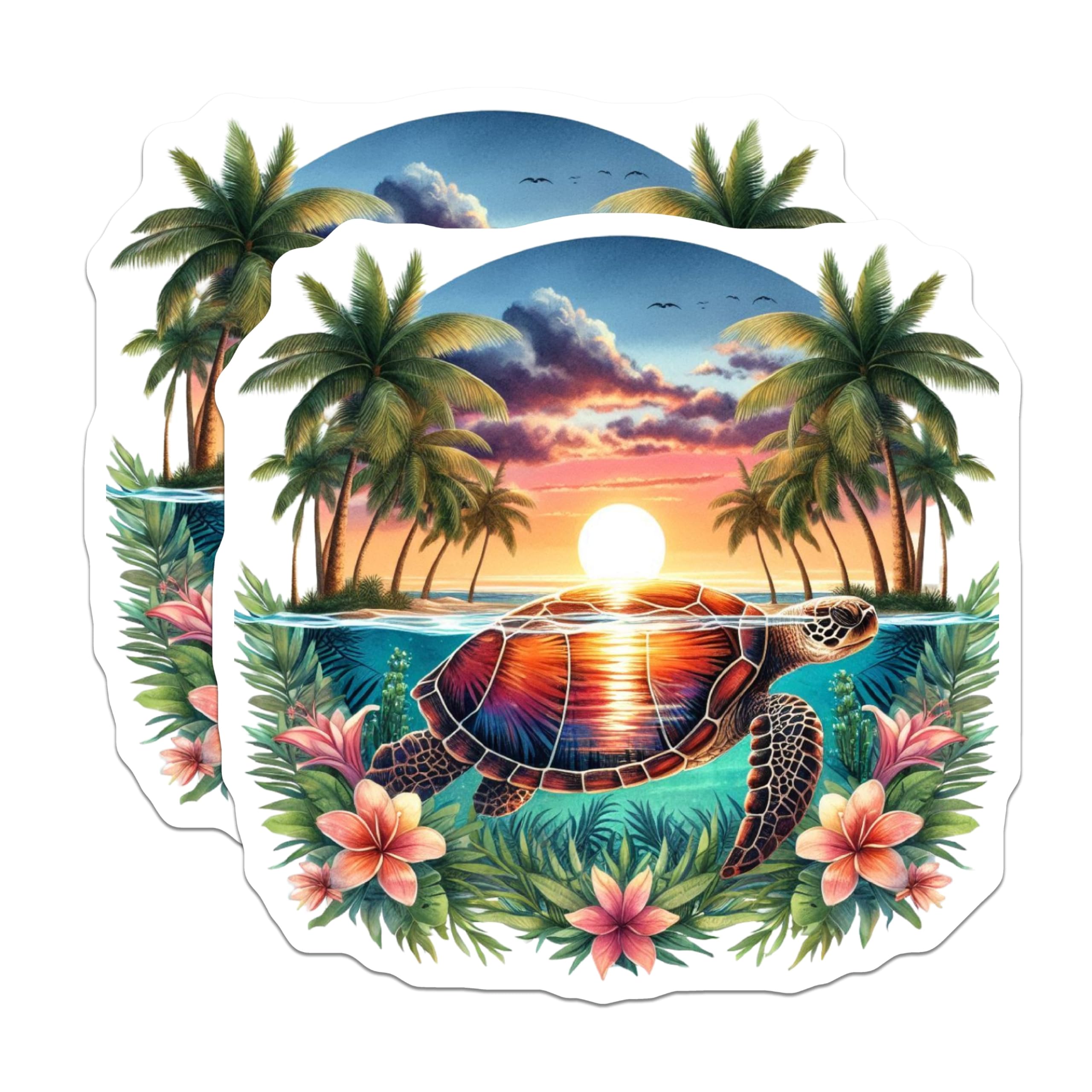 (2 Pack) Sea Turtle Magnets - Vibrant Tropical Sunset Scene - Palm Tree Beach Ocean Decor - Island Life Wildlife Magnets - 5 Inches On Longest Side - Thick Durable Magnet - Made in USA - MAG22757