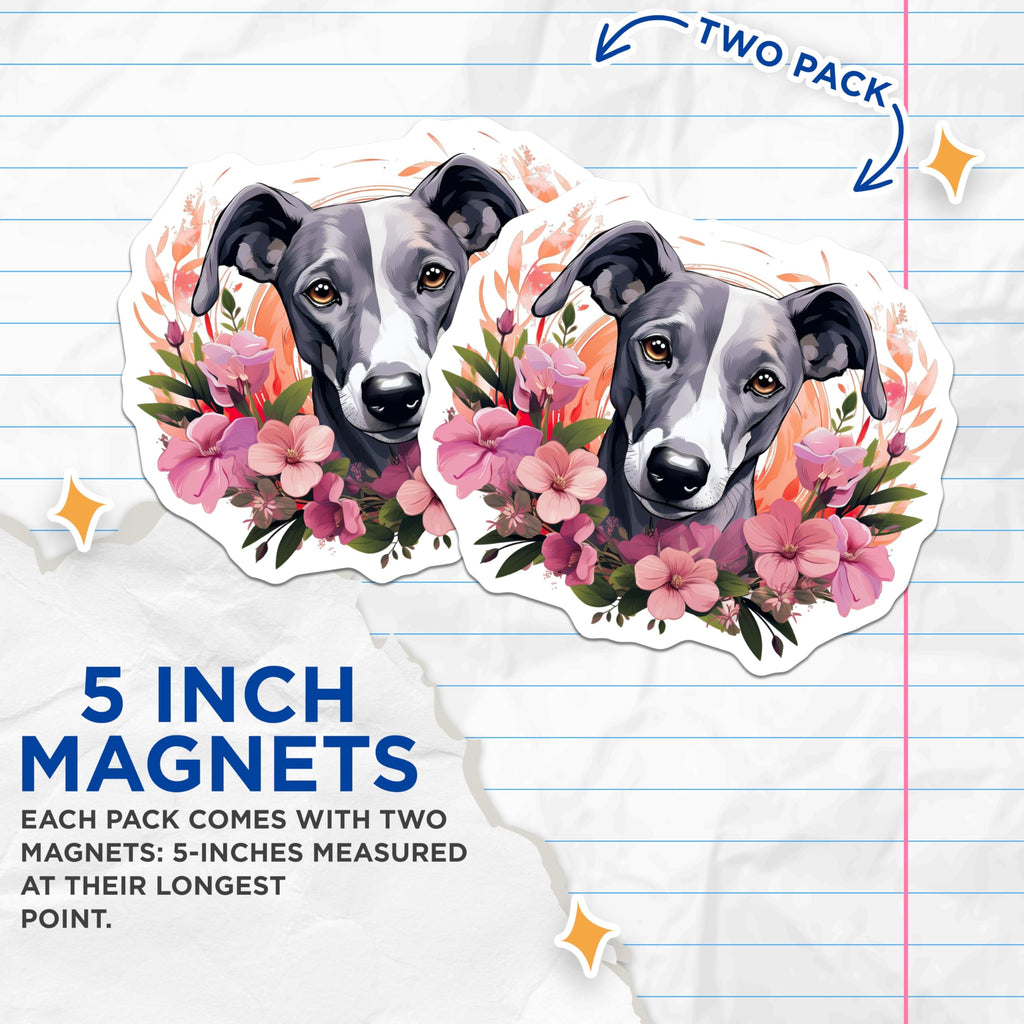 (2 Pack) Whippet Dog Magnets - Floral Pet Portrait - Dog Mom Refrigerator Decor - 5 Inches On Longest Side - Thick Durable Magnet - Made in USA - MAG30764