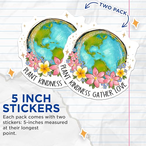 (2 Pack) Plant Kindness Gather Love Stickers - Earth Day Stickers - Floral Earth Stickers - 5" On Longest Side - Sticks to Smooth Flat Surfaces - Made in USA - BMCS4161