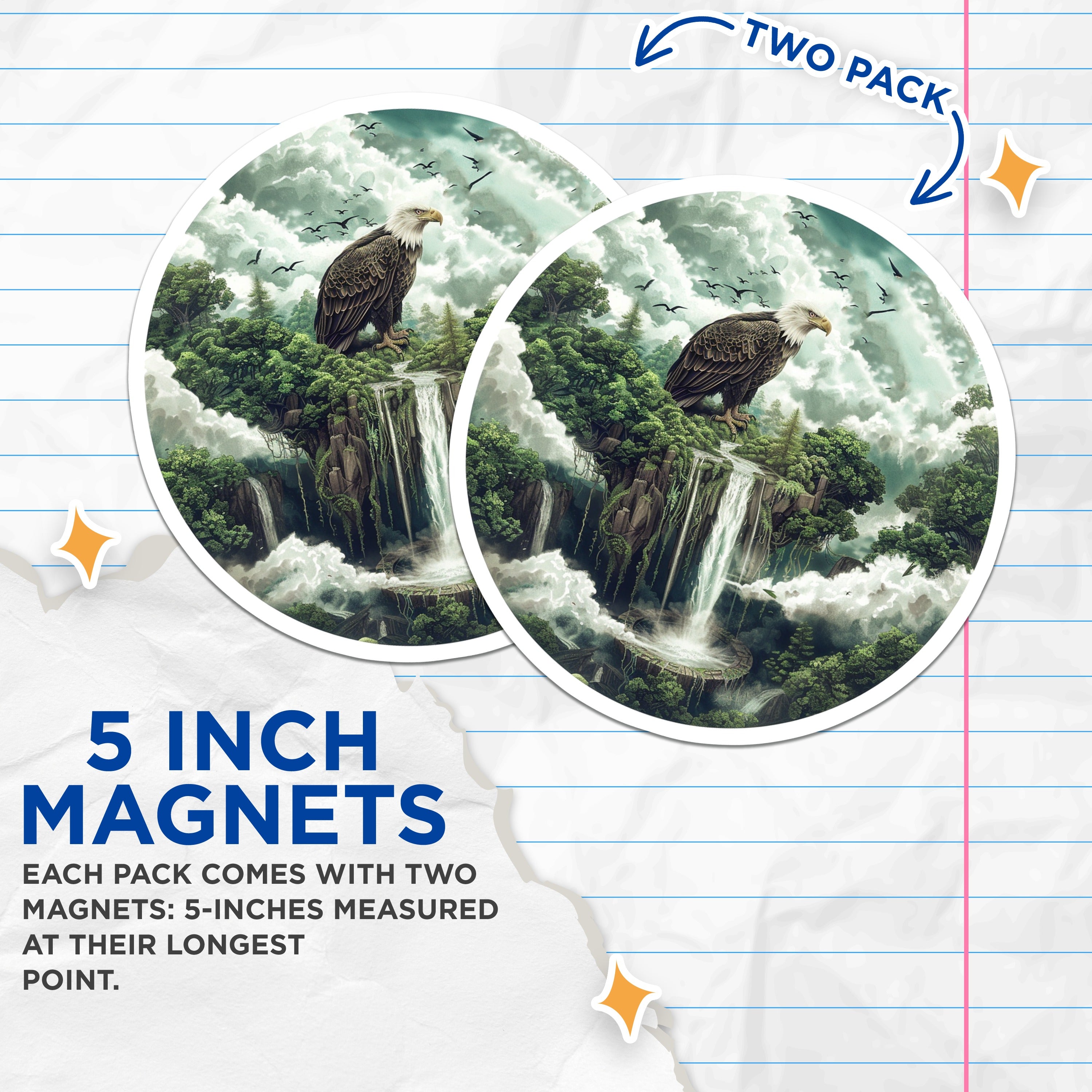 (2 Pack) Bald Eagle Magnets - Majestic Waterfall Nature Art - American Wildlife Fridge Decor - 5 Inches On Longest Side - Thick Durable Magnet - Made in USA - MAG39616