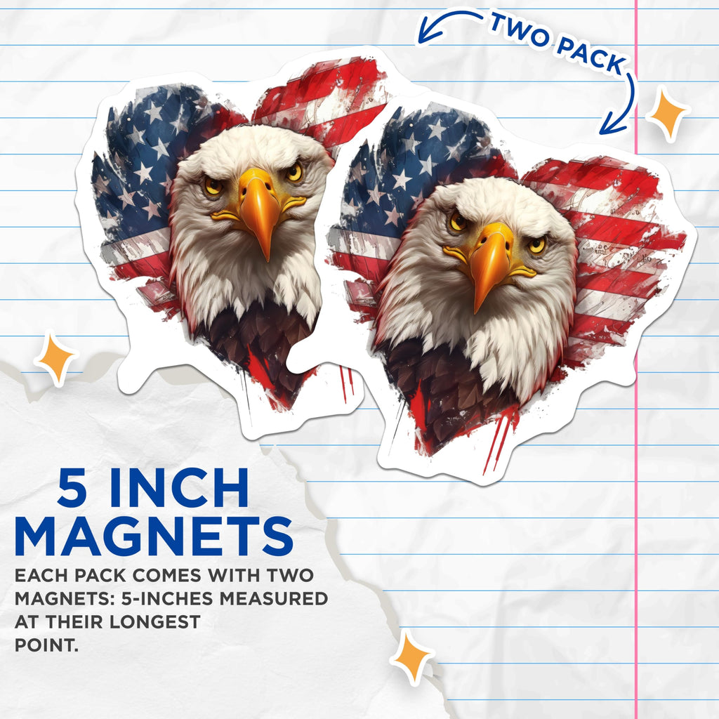 (2 Pack) Majestic Bald Eagle Head Magnets - USA Flag Heart Design - Patriotic American Pride Refrigerator Magnet Set - 5 Inches On Longest Side - Thick Durable Magnet - Made in USA - MAG20311