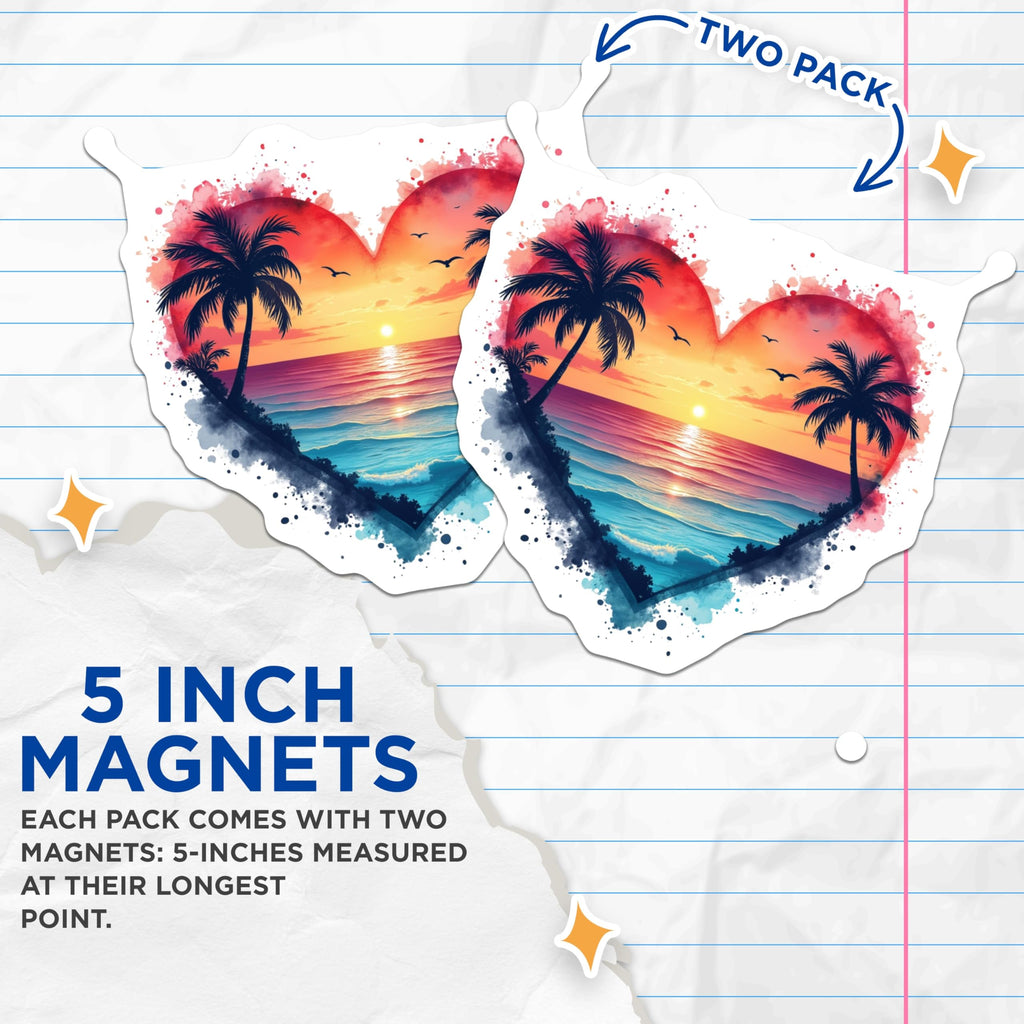 (2 Pack) Tropical Sunset Magnets - Heart Beach Art Scene - Vibrant Ocean Palm Tree Decor - Aesthetic Summer Vacation Vibes - 5 Inches On Longest Side - Thick Durable Magnet - Made in USA - MAG23454