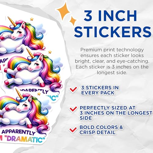 (3 Pack) Dramatic Unicorn Decals - Funny Quote Stickers - Rainbow Mane Art - 3 Inches On Longest Side - Easy Peel & Apply - Made in USA - 3MCS6734