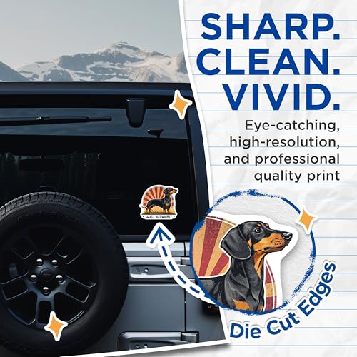 (2 Pack) Small But Mighty Stickers - Dachshund Stickers - Dog Lover Stickers - 5" On Longest Side - Sticks to Smooth Flat Surfaces - Made in USA - BMCS4634