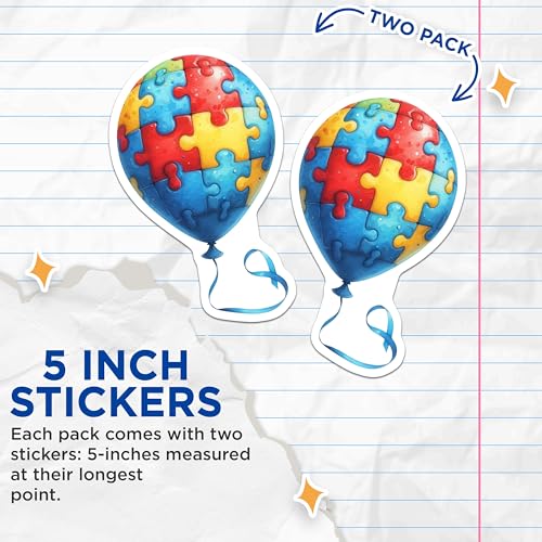 (2 Pack) Puzzle Balloon Stickers - Autism Awareness - Colorful Puzzle Piece - 5" On Longest Side - Sticks to Smooth Flat Surfaces - Made in USA - BMCS7049