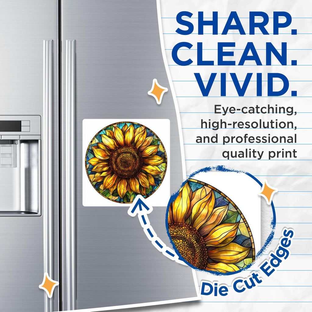 (2 Pack) Vibrant Stained Glass Sunflower Magnets - Artistic Floral Mandala Decor - Boho Kitchen Refrigerator Art - 5 Inches On Longest Side - Thick Durable Magnet - Made in USA - MAG23959
