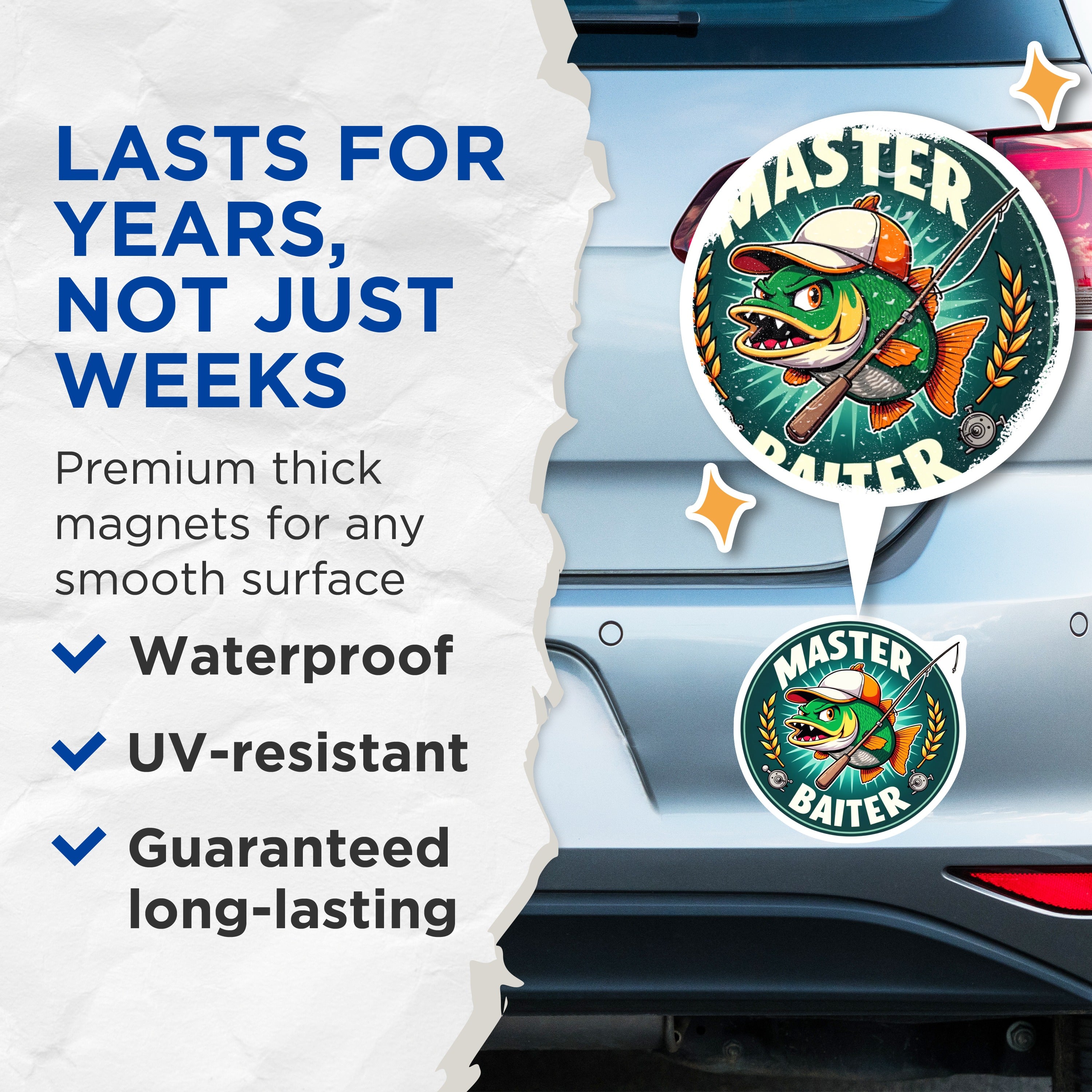 (2 Pack) Master Baiter Magnets - Funny Fishing Humor - Angler Present for Dad Husband Fisherman - 5 Inches On Longest Side - Thick Durable Magnet - Made in USA - MAG38379