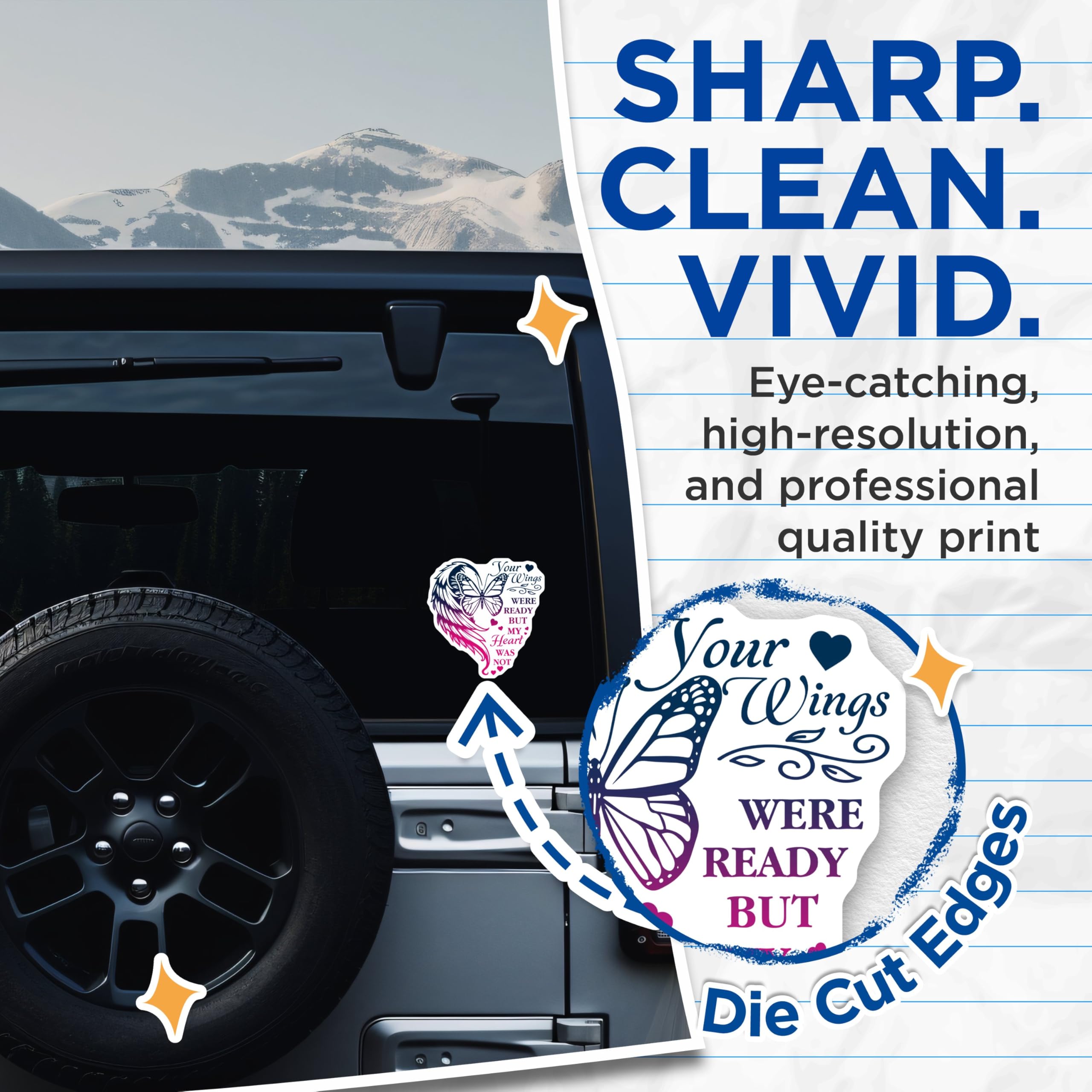 (2 Pack) Your Wings were Ready Stickers - Memorial Quote Stickers - Angel Wing Butterfly Stickers - 5" On Longest Side - Sticks to Smooth Flat Surfaces - Made in USA - BMCS3714