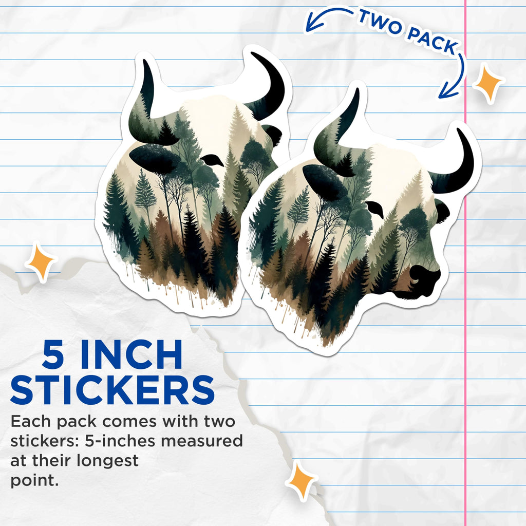 (2 Pack) Bull Stickers - Forest Silhouette - Rustic Home Decor- 5" On Longest Side - Sticks to Smooth Flat Surfaces - Made in USA - BMCS16090