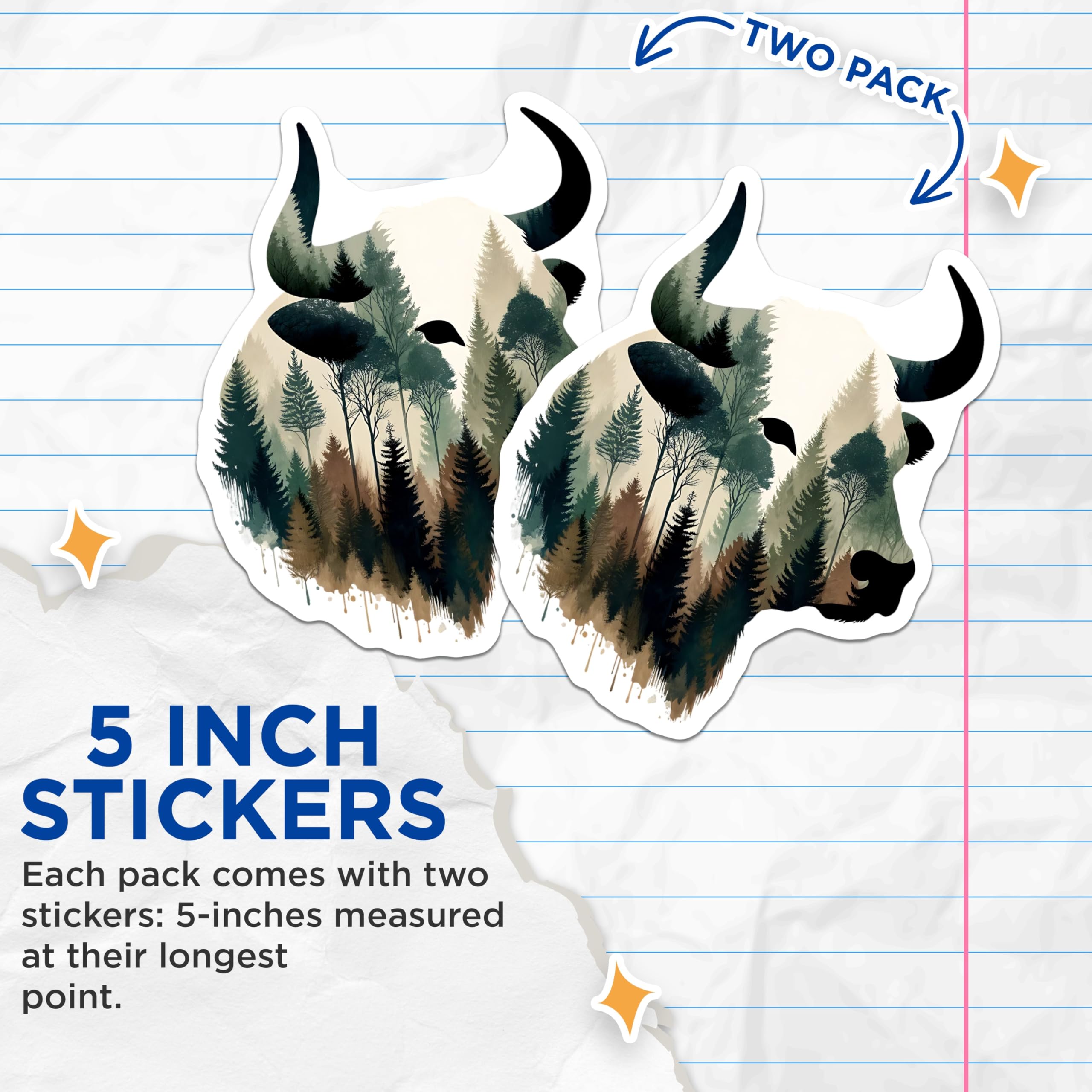 (2 Pack) Bull Stickers - Forest Silhouette - Rustic Home Decor- 5" On Longest Side - Sticks to Smooth Flat Surfaces - Made in USA - BMCS16090