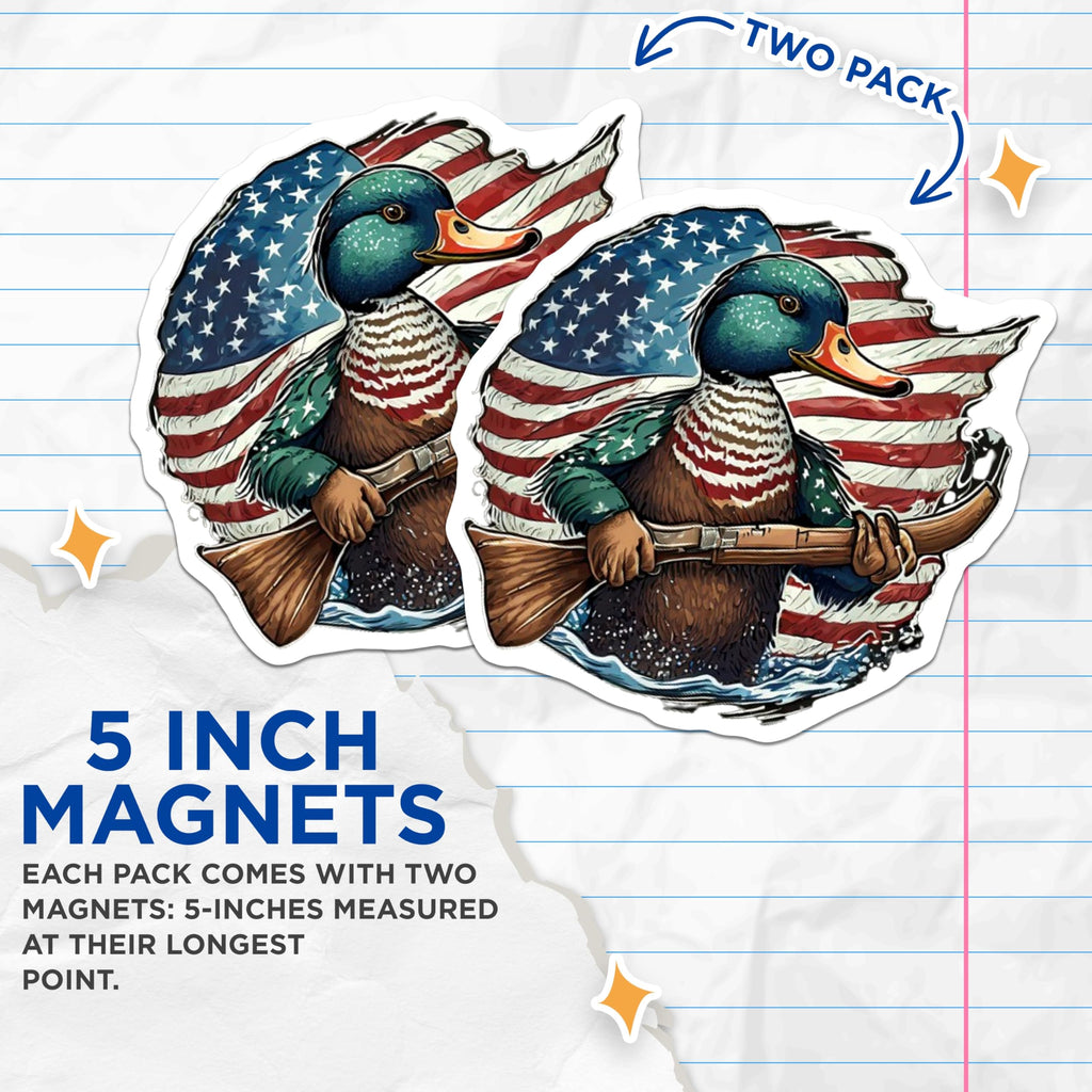 (2 Pack) American Flag Duck Magnets - Patriotic Hunting Mallard - Rifle Outdoorsman Decor - Wildlife Art for Hunter - 5 Inches On Longest Side - Thick Durable Magnet - Made in USA - MAG21939