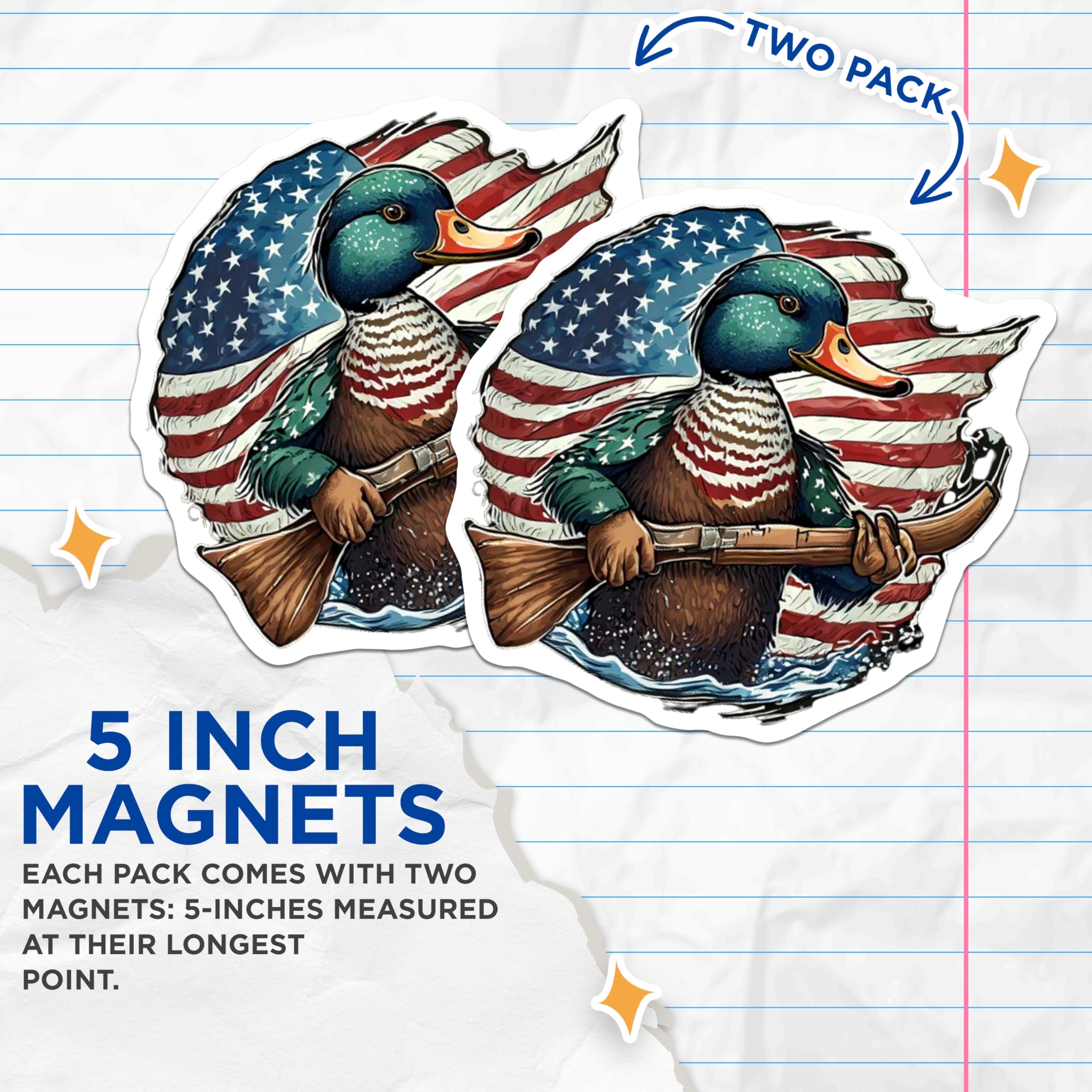 (2 Pack) American Flag Duck Magnets - Patriotic Hunting Mallard - Rifle Outdoorsman Decor - Wildlife Art for Hunter - 5 Inches On Longest Side - Thick Durable Magnet - Made in USA - MAG21939