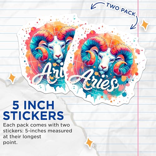 (2 Pack) Aries Zodiac Stickers - Astrological Sticker - Colorful Aries Art - Zodiac Sign Decal - 5" On Longest Side - Sticks to Smooth Flat Surfaces - Made in USA - BMCS7225