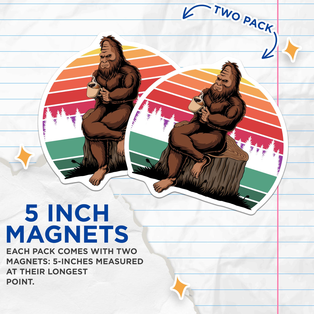 (2 Pack) Bigfoot Coffee Magnets - Sasquatch Morning Brew - Retro Sunset Cryptid Lore - Forest Dweller Drinker Fridge Magnets - 5 Inches On Longest Side - Thick Durable Magnet - Made in USA - MAG20302