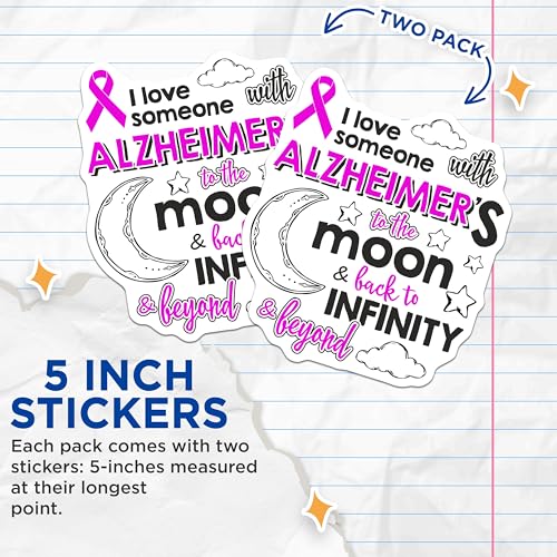 (2 Pack) Alzheimer's Awareness Stickers - I Love Someone with Alzheimer's to The Moon and Back - 5" On Longest Side - Sticks to Smooth Flat Surfaces - Made in USA - BMCS8902 - BMCS8902