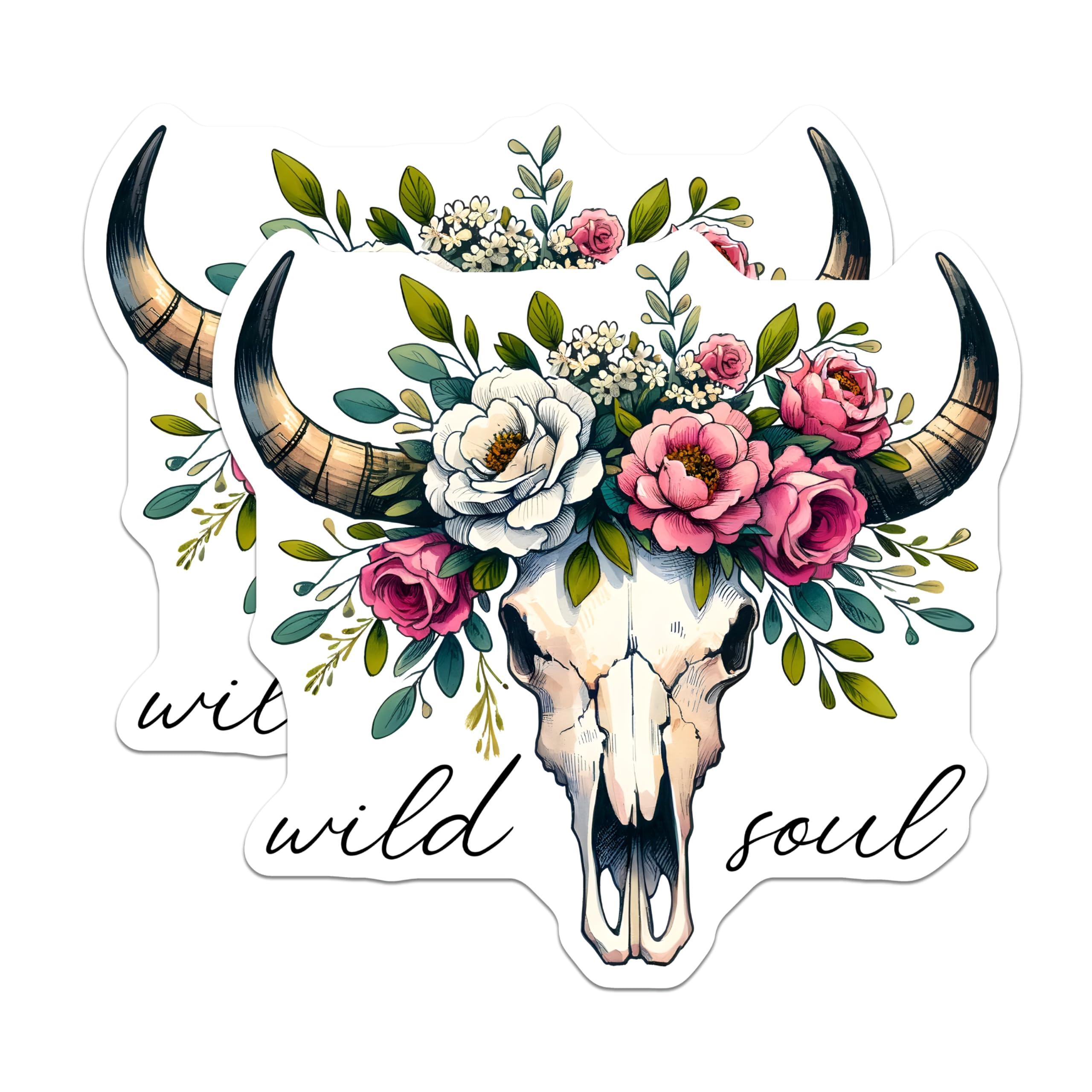 (2 Pack) Bull Skull Magnets - Floral Decor - Wild Soul Accessories - 5" On Longest Side - Premium Magnet - for Cars, Refrigerators, Toolboxes, Lockers - Made in USA - MAG15650