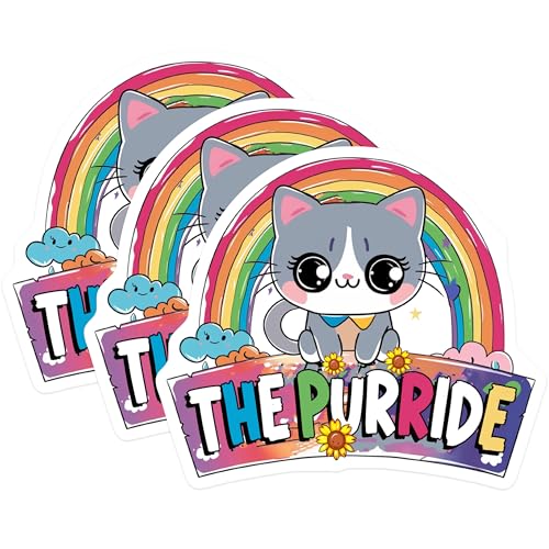 (3 Pack) Purride Decals - Cat Rainbow Decal - Laptop Decal - 3 Inches On Longest Side - Easy Peel & Apply - Made in USA - 3MCS7950