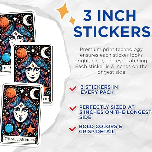 (3 Pack) Secular Witch Decals - Tarot Card Inspired - Colorful Occult Art Decal - 3 Inches On Longest Side - Easy Peel & Apply - Made in USA - 3MCS4069