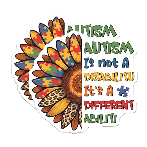 (2 Pack) Autism Awareness Stickers - Inspirational Quotes - Colorful Sunflower Design - 5" On Longest Side - Sticks to Smooth Flat Surfaces - Made in USA - BMCS9690