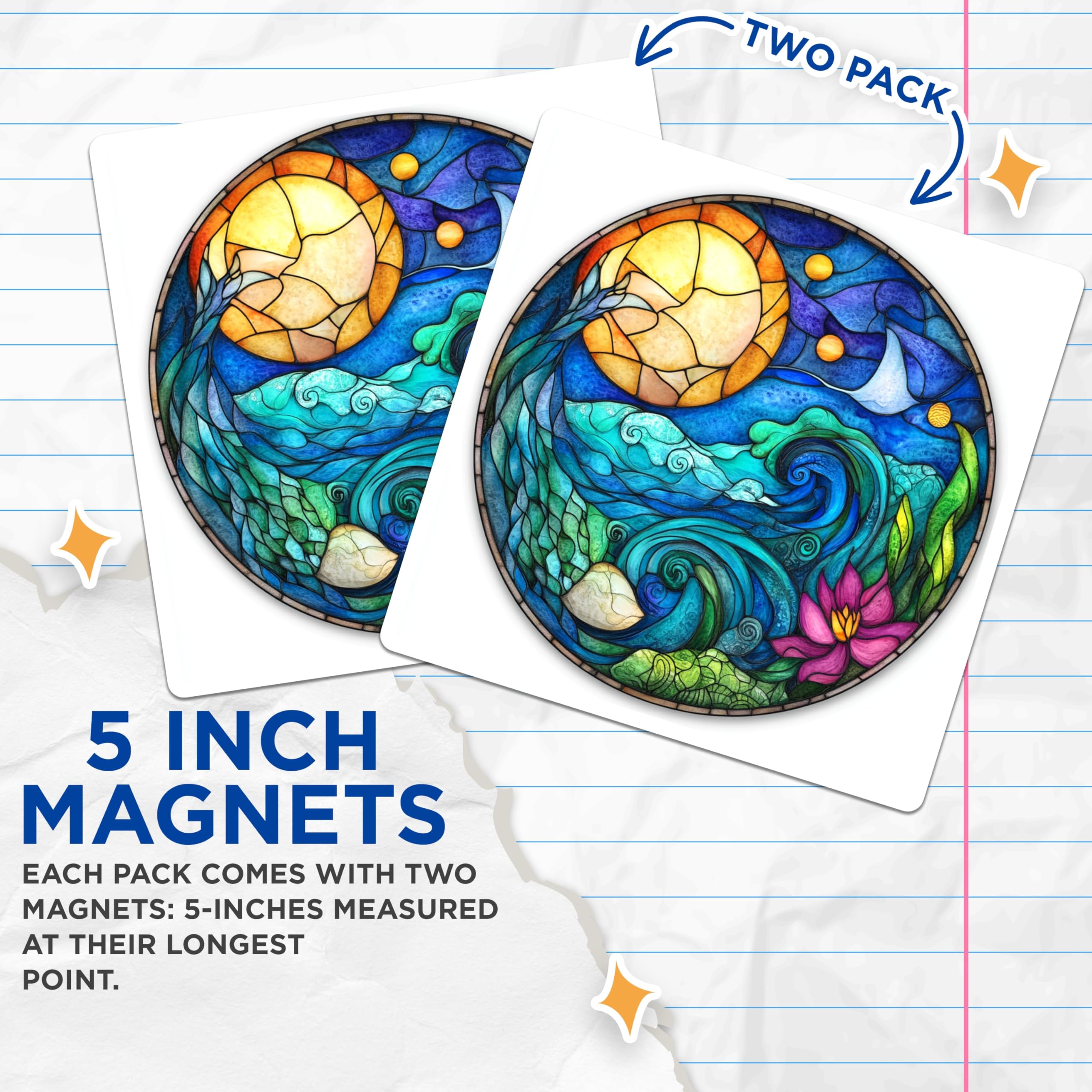(2 Pack) Stained Glass Ocean Magnets - Moon and Waves Art - Lotus Flower Decor - Mystical Ocean Scene - Coastal Aesthetic - 5 Inches On Longest Side - Thick Durable Magnet - Made in USA - MAG30809