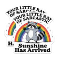 (2 Pack) Your Little Ray of Sarcastic Sunshine Stickers - Raccoon Rainbow Decal - Funny Animal Sticker - 5" On Longest Side - Sticks to Smooth Flat Surfaces - Made in USA - BMCS6093